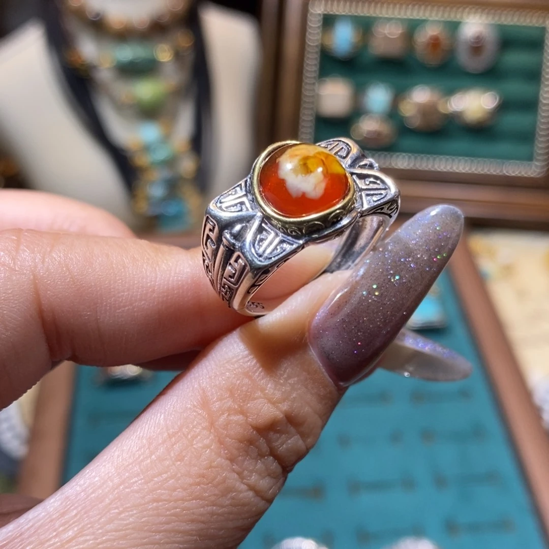 琥珀银S925镶嵌戒指温***戒指