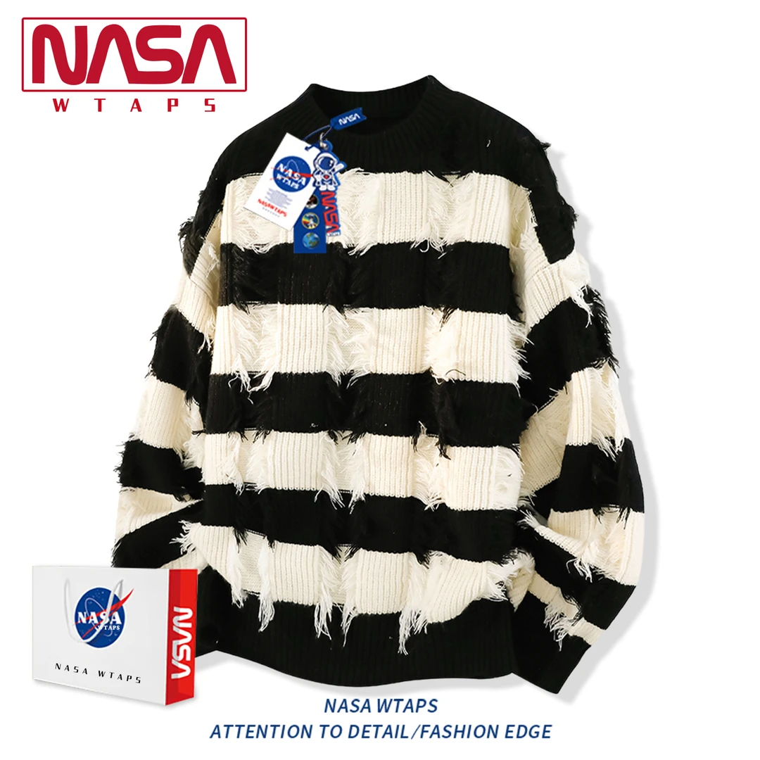 NASA WTAPS美式复古条纹毛衣男款秋冬季潮牌高街情侣针织衫外套男