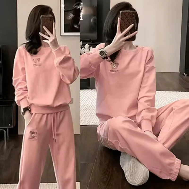 时尚套装休闲风春秋秋冬宽松卫衣时尚百搭韩版套装束脚印花