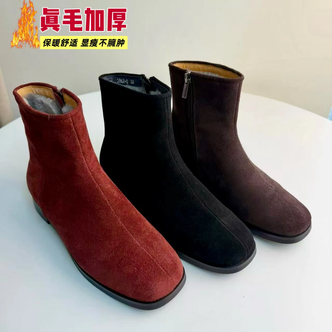 磨砂皮真毛内里平底防滑休闲女士拉链马丁靴皮靴秋冬季女3662-2