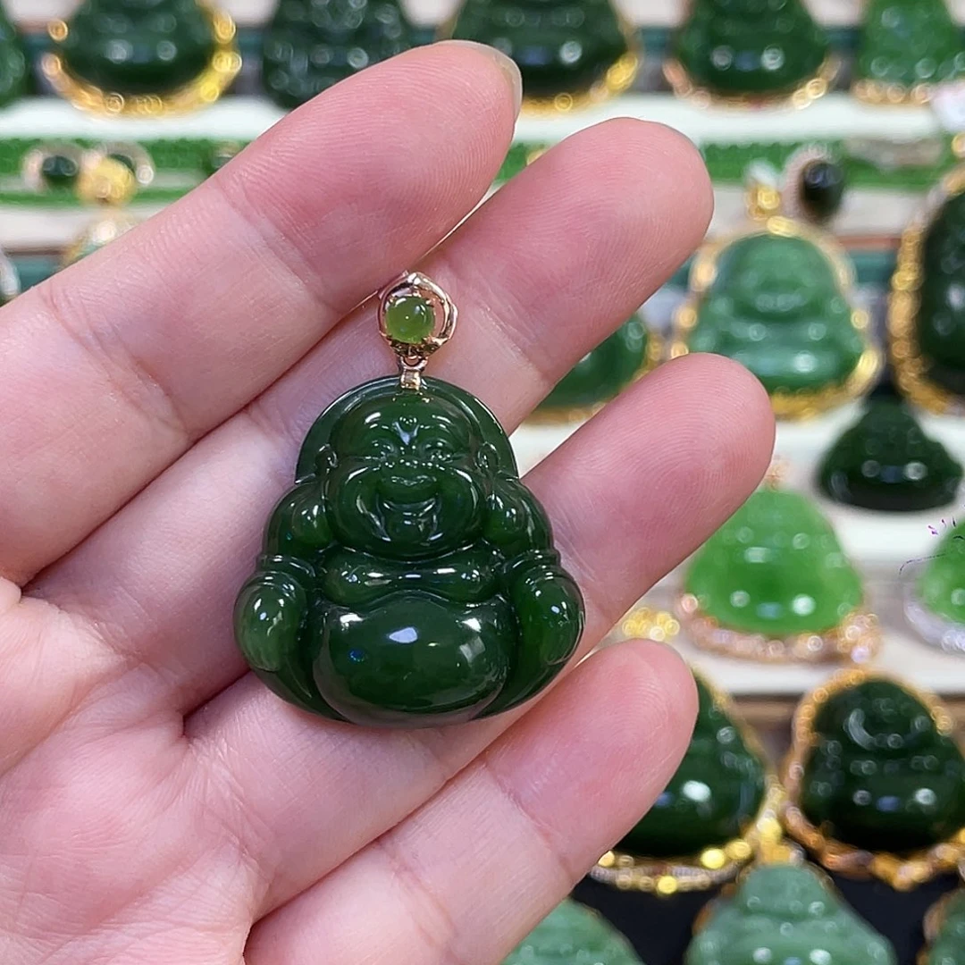颈饰18K金镶嵌和田玉（碧玉）辣绿佛公30mm