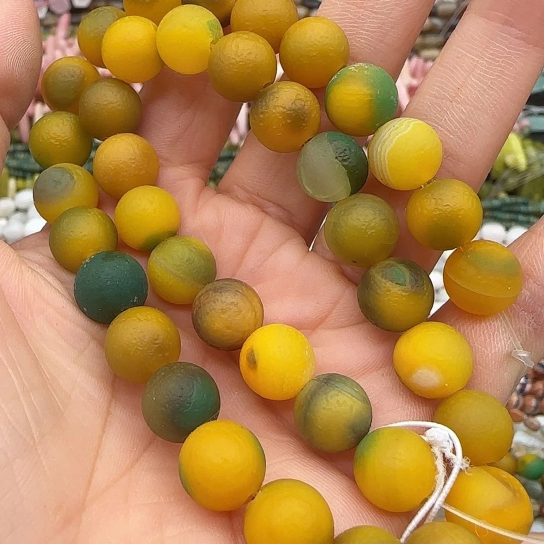 玛瑙/玉髓合金珠宝半成品橘皮黄绿玛瑙10mm一条