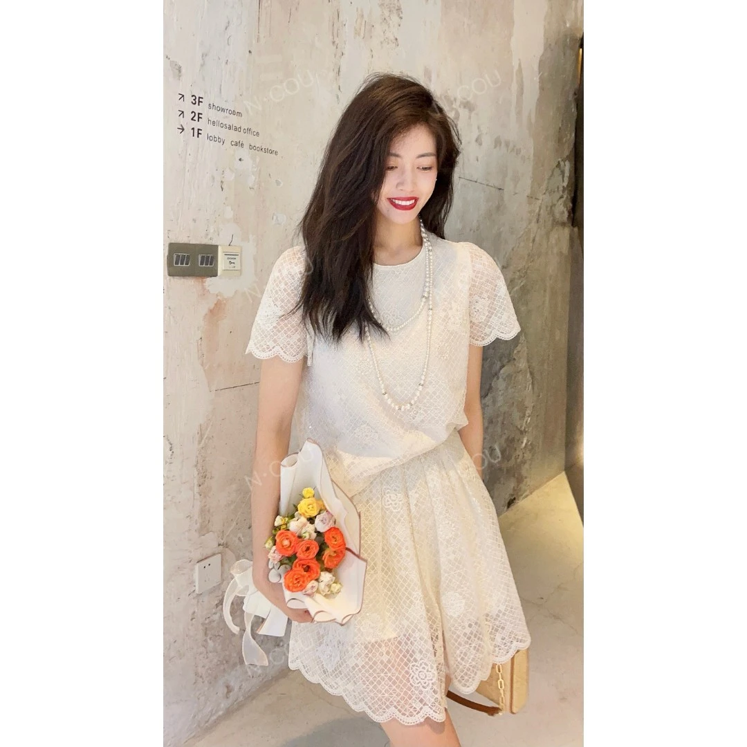 【N·COU】22夏新款 【最亮的星】韩版刺绣蕾丝短袖套装DY5303