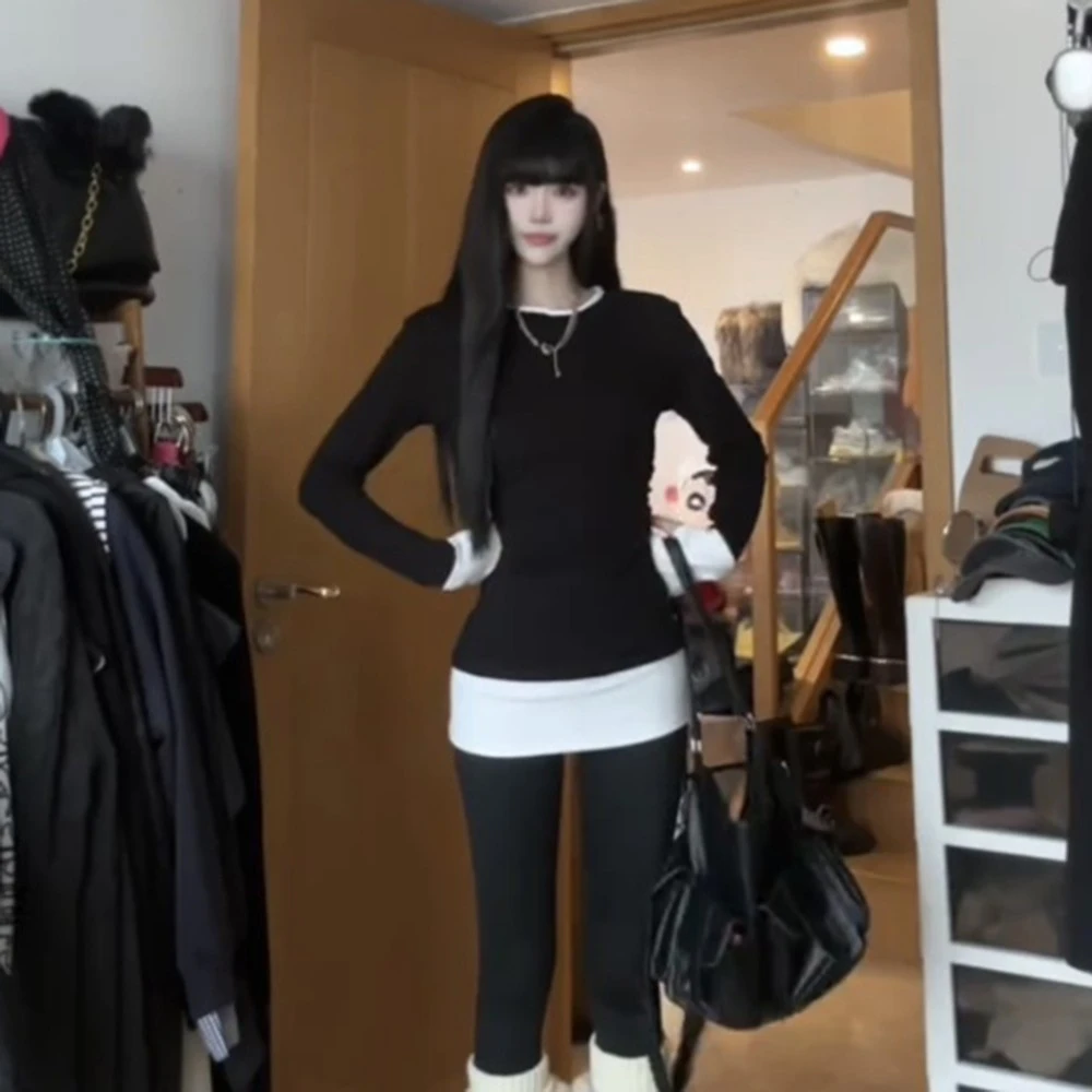 秋冬简约百搭假两件撞色长袖T恤修身显瘦遮臀打底衫网红磨毛上衣