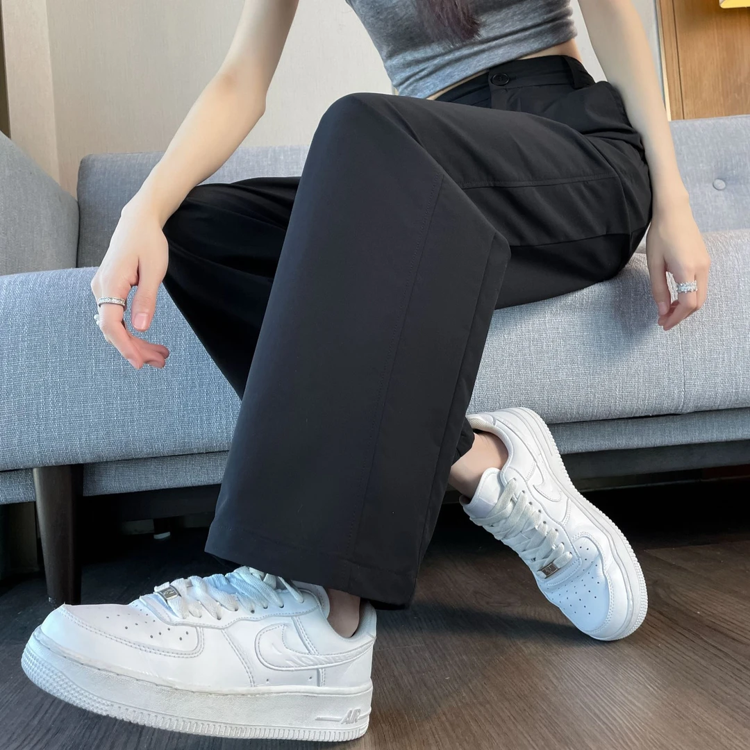 窄版阔腿裤女夏季薄款2025新款冰丝垂感直筒裤小个子黑色西装裤子