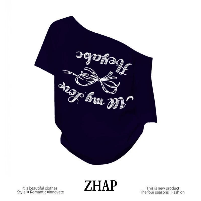 【ZHAP】新款一字肩宽松短袖t恤女藏青色多巴胺穿搭夏季宽松百搭