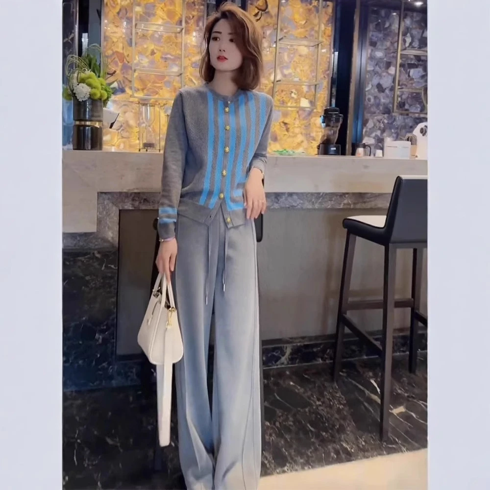 休闲穿搭一整套女春秋季加厚百搭阔腿裤宽松针织打底衫运动两件套
