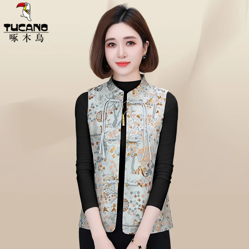 啄木鸟新中式国风马甲2025新款春装女装洋气妈妈马夹坎肩背心外套