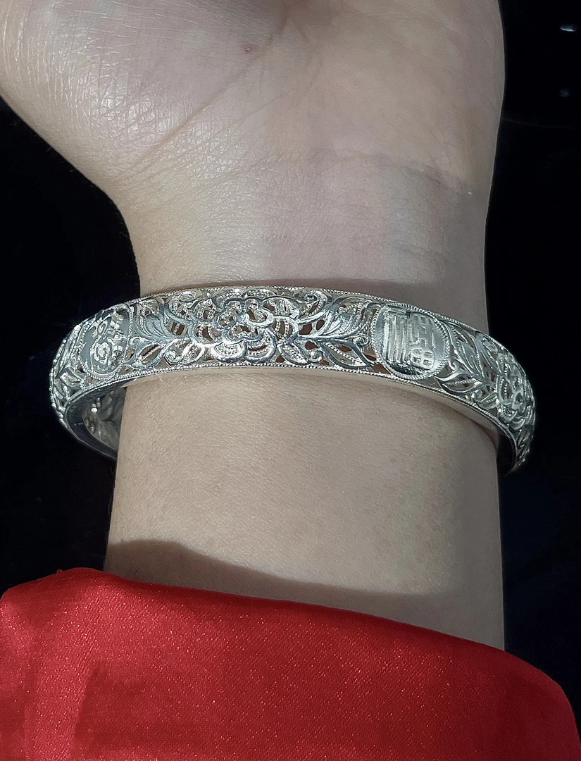 足银手镯 爱花手工银 花丝足银手镯镂空五福临门闭口镯