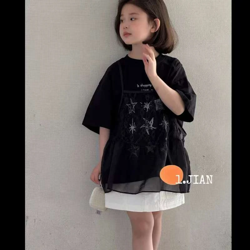 【现货短裙】25年新款中大女童黑色蕾丝吊带工装风休闲短裙