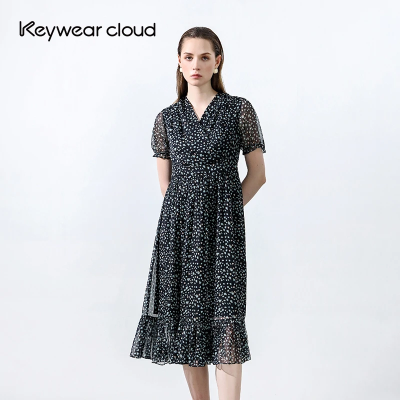 Keywearcloud奇威V领碎花荷叶边中裙大摆连衣裙