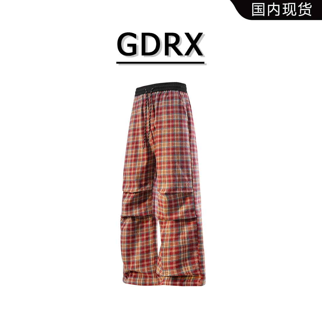 GDRX美式休闲裤2025春季新款百搭高级感宽松格纹抽绳痞帅直筒裤