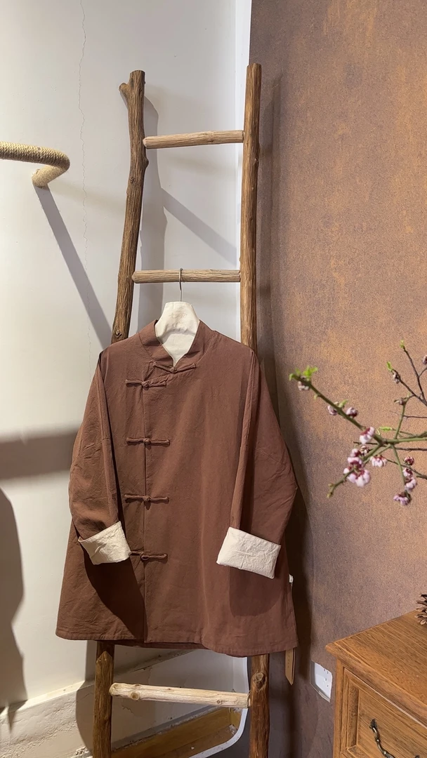 朴时.如故《青苔》系列之斜襟手工五盘扣双层中长款上衣