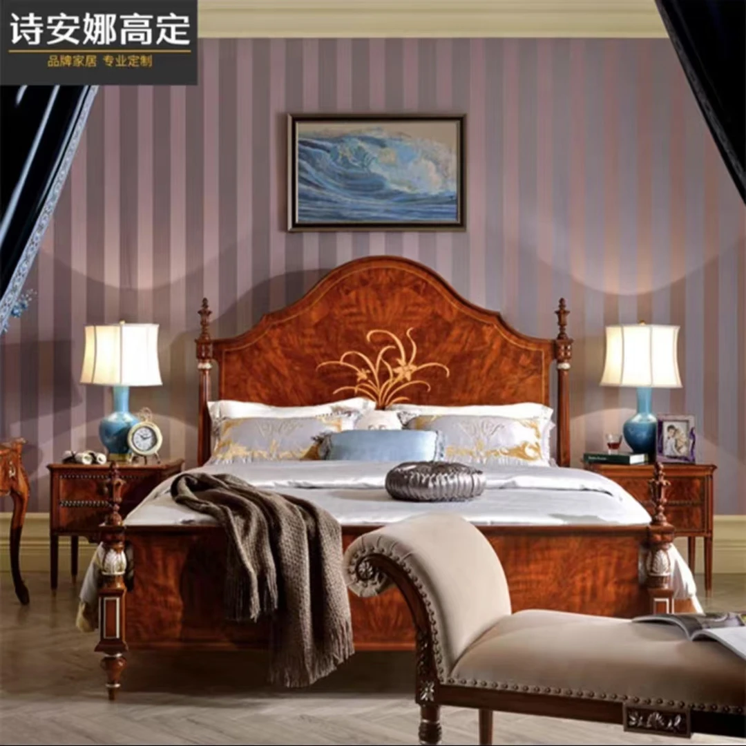 亚历山大家具木皮镶嵌拼花法式新古典双人床英式婚床别墅雕花大床