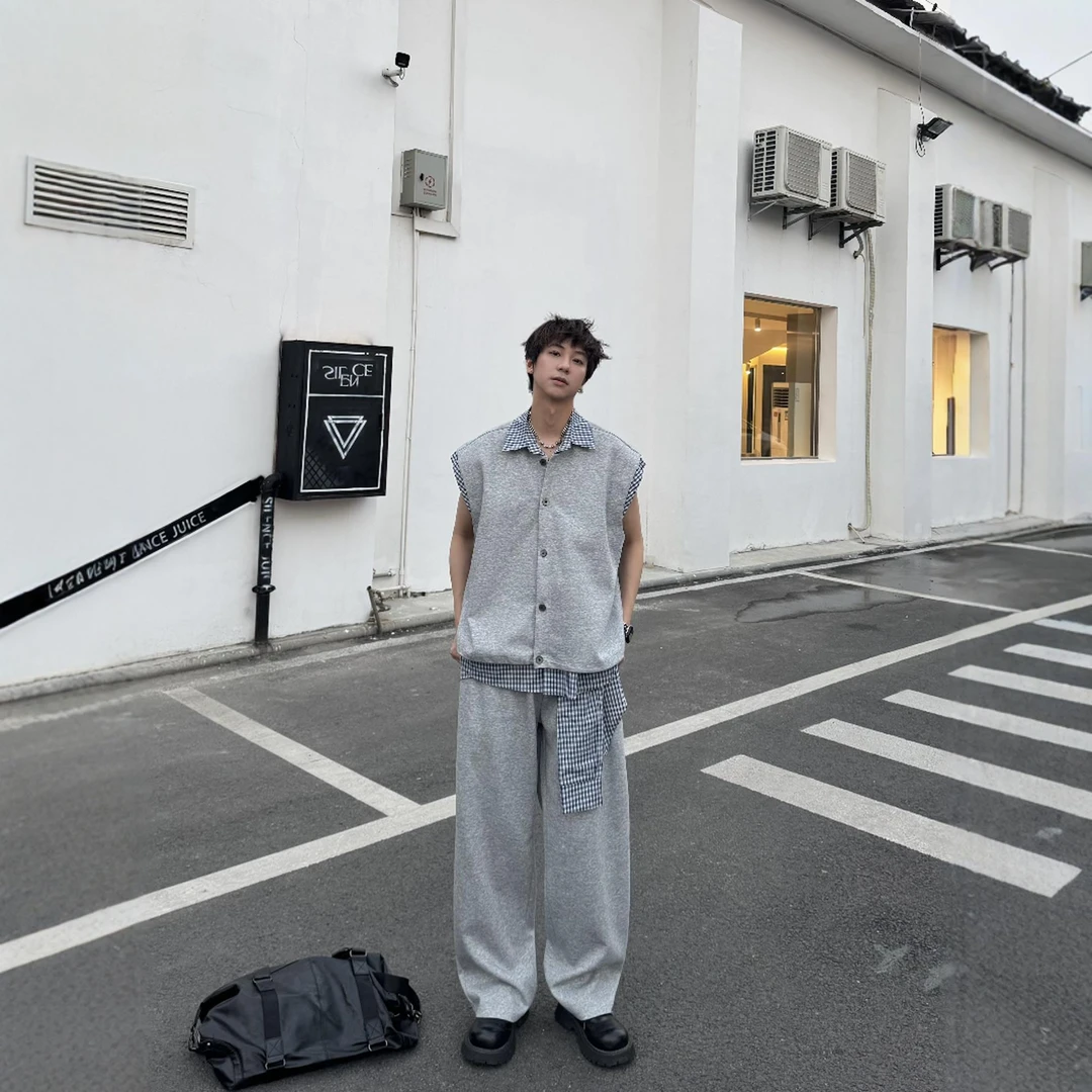 复古拼格子衬衫上衣休闲假两件马甲套装男夏季宽松坎肩长裤两件套