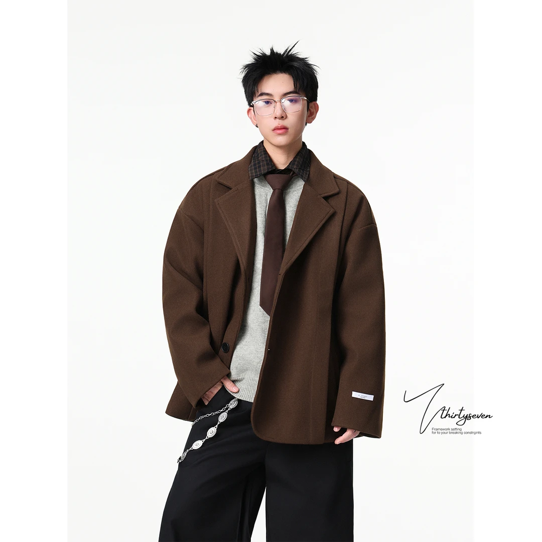 V37美式复古西装外套男秋季高街潮牌夹克上衣日常高级感毛呢大衣