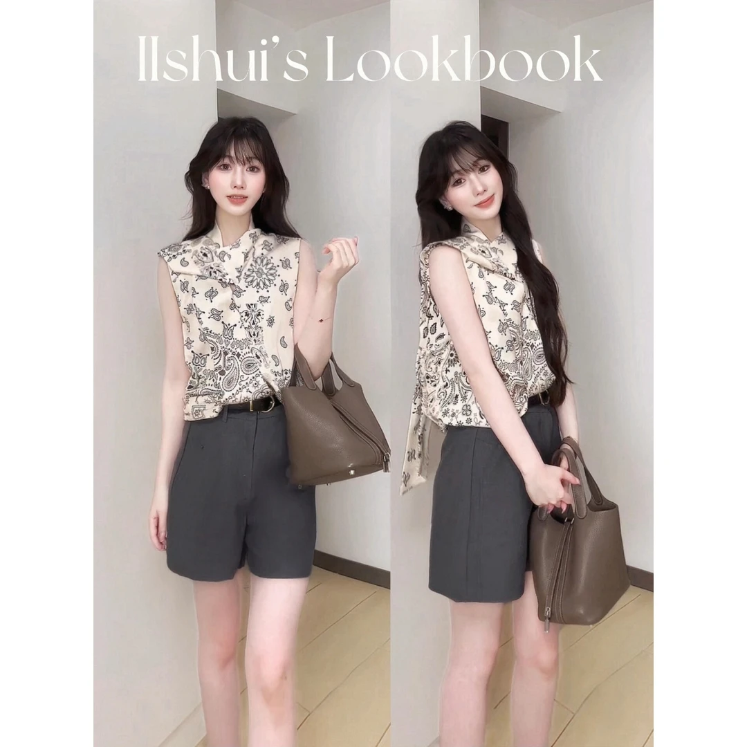 parkyeon高级感老钱风碎花飘带无袖衬衫时尚通勤五分休闲裤套装