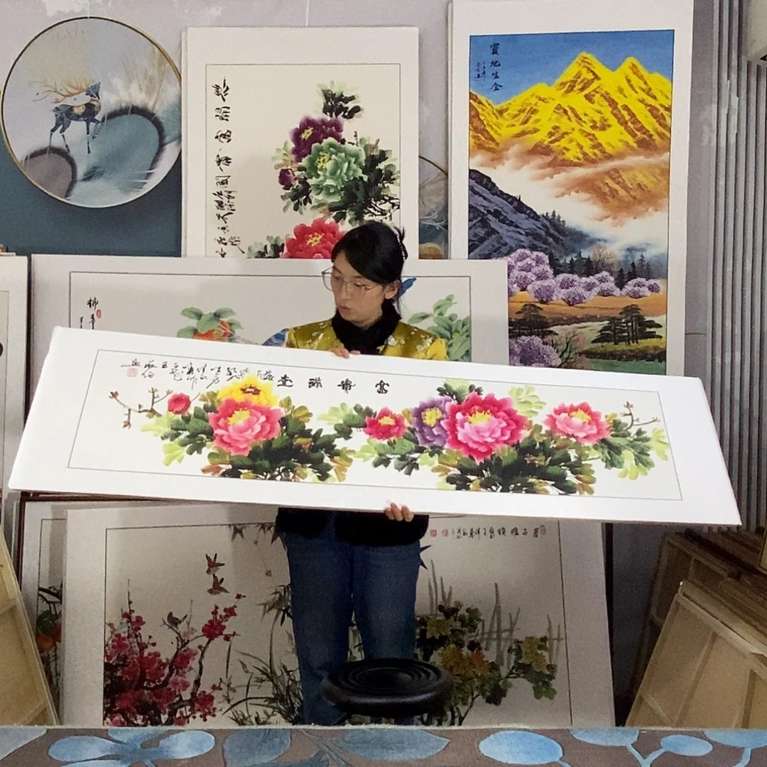 国画手写手绘国画作品带框包邮47✖️162