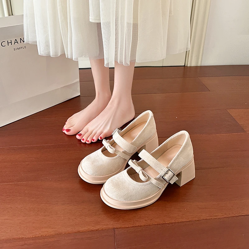 新款高跟玛丽珍鞋女复古蝴蝶结高跟鞋圆头浅口一字扣带粗跟单鞋女