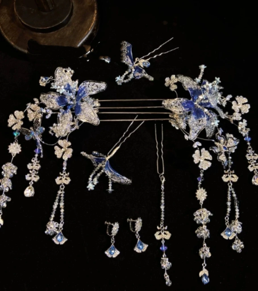 蓝色古装新品蜻蜓撞色新娘饰品