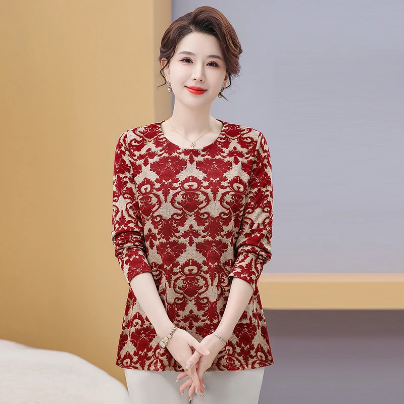 中老年妈妈装春秋款打底衫T恤中长款洋气长袖宽松遮肚子