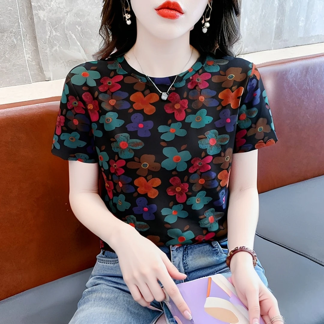 宽松正肩纯棉短袖t恤女2025新款独特漂亮的上衣夏季碎花体恤女装