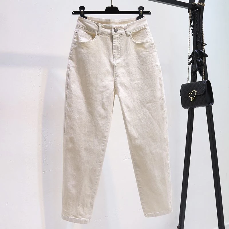 151秋季米白色弹力遮肉显瘦女款哈伦牛仔裤