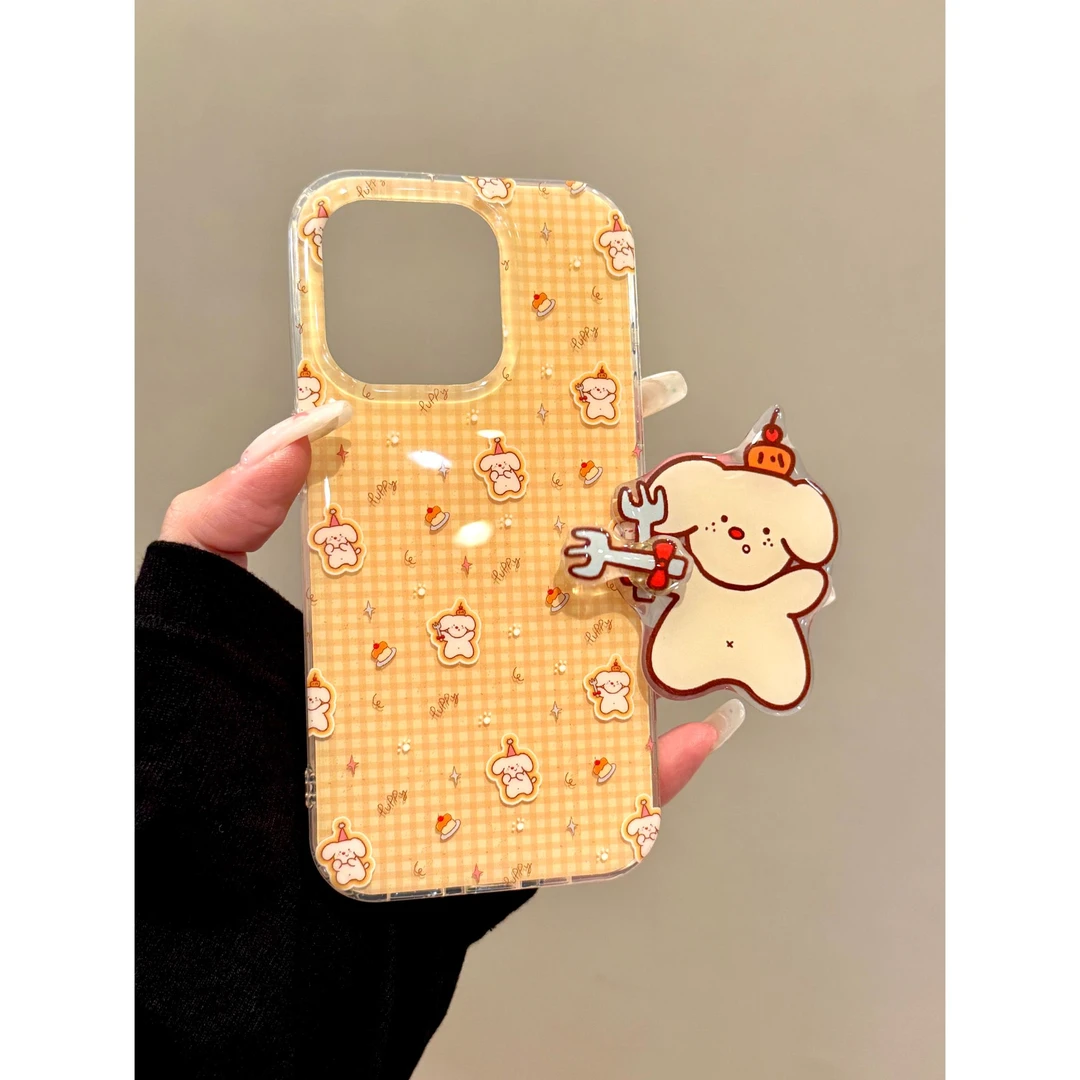 适用苹果iphone16promax格纹小狗15pro韩风创意14支架13ins手机壳