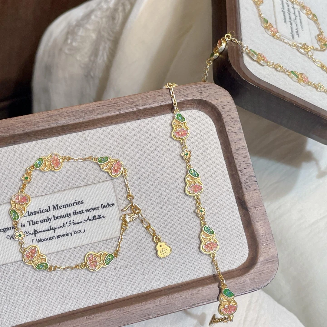 银9999珐琅彩葫芦花朵手链国潮风轻奢百搭送女友配饰复古饰品小众