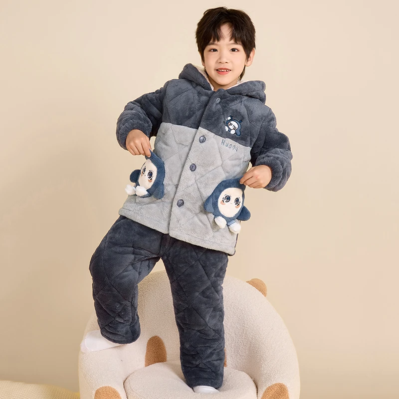 【男宝带帽夹棉】儿童款睡衣可外穿卡通冬季加厚款儿童家居服套装