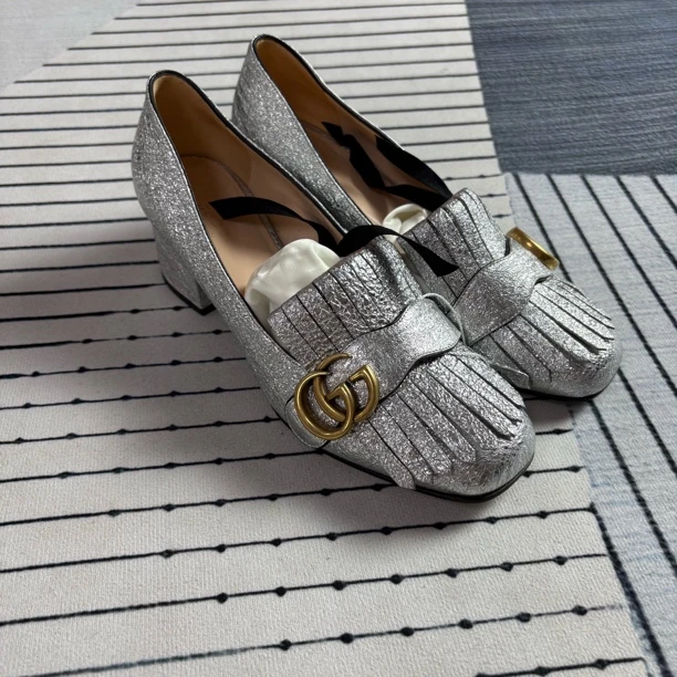 95新 GUCCI/古驰 古驰银色双G乐福鞋37.5