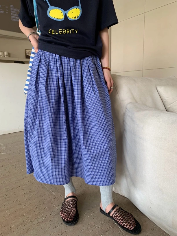 格子半身裙法式复古气质港风淑女松紧腰夏季高腰显瘦A字裙#5222