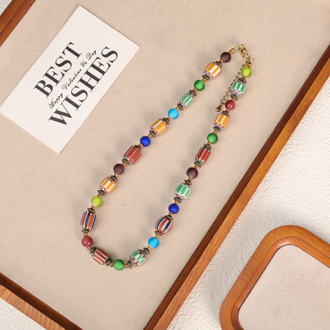 合金琉璃项链 XB377 彩色西瓜条纹项链