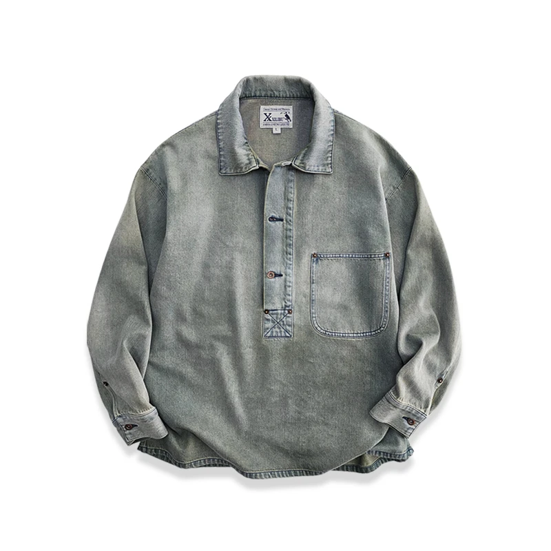 西里布S068美式复古西部淘金牛仔翻领套头衬衫男拔染做旧工装外套