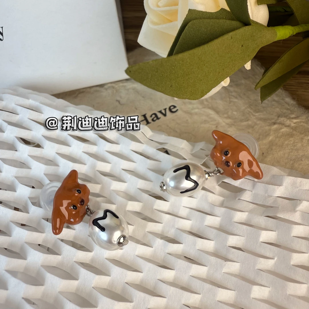 铜合金仿珍珠耳饰 巧克力小狗MM贝珠耳饰RS-1104