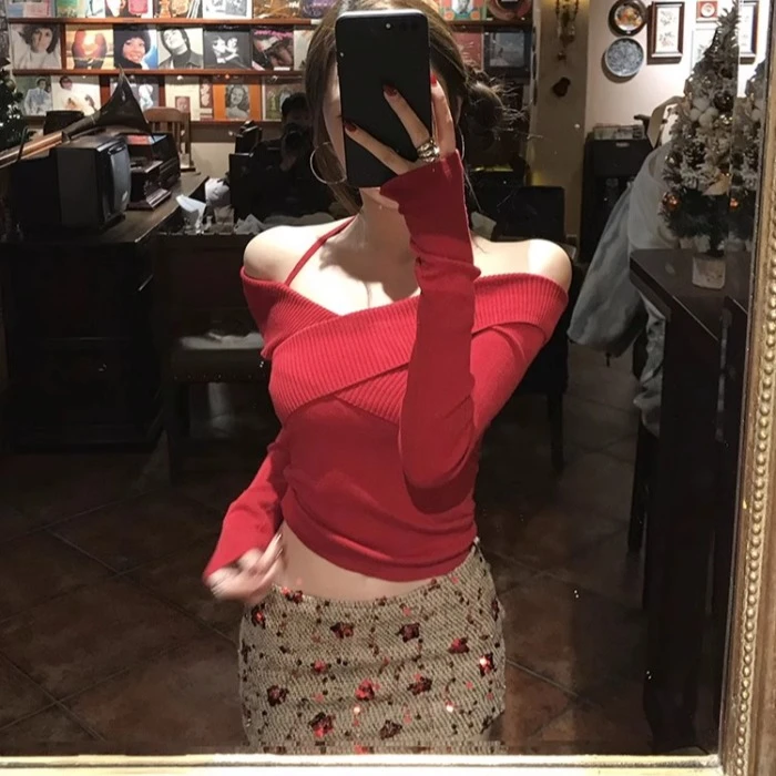 美式辣妹小众设计感温柔风一字肩长袖针织衫秋冬修身显瘦打底上衣