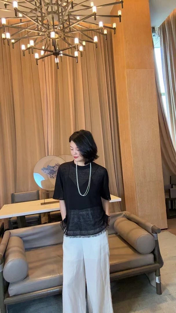 TANTAN  亚麻气质蕾丝边微透T恤1708