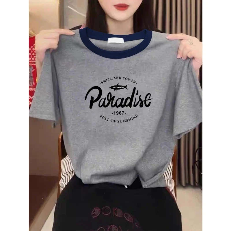 2025年新款拼接撞色正肩短袖圆领t恤女ins百搭减龄洋气上衣夏季