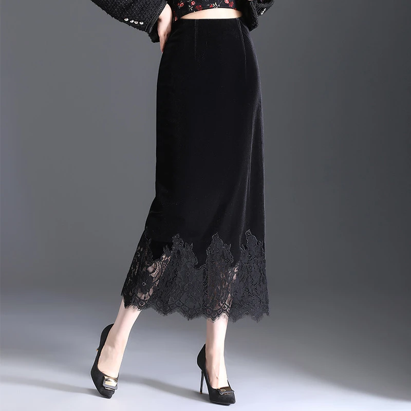 2025秋冬新款蕾丝边金丝绒半身裙女长裙开叉一步裙高腰直筒包臀裙