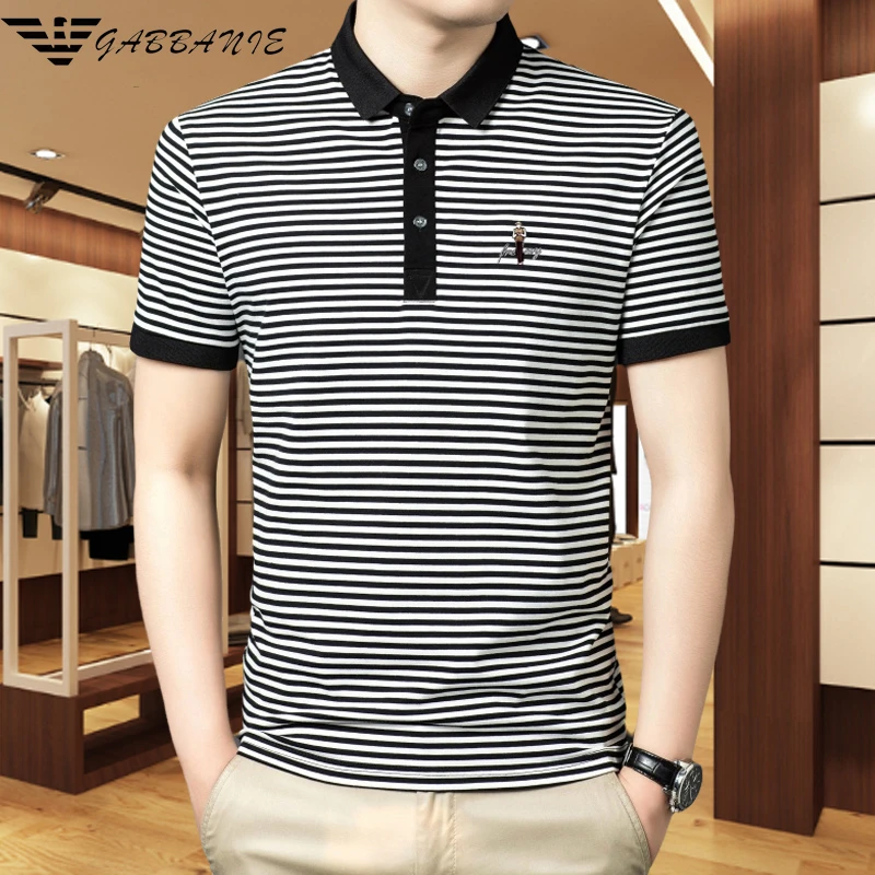 意大利纯棉T恤男夏季新款舒适商务休闲潮流高档品牌条纹短袖体恤