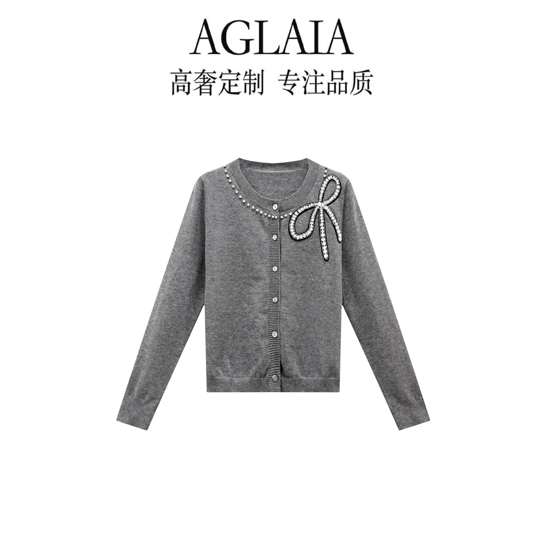 AGLAIA~秋季新款设计感洋气上衣重工镶钻蝴蝶结长袖针织开衫6257