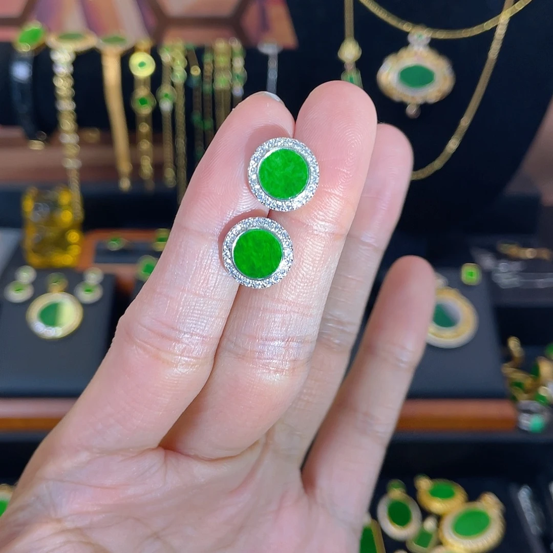 翡翠银S925镀金镶嵌耳饰