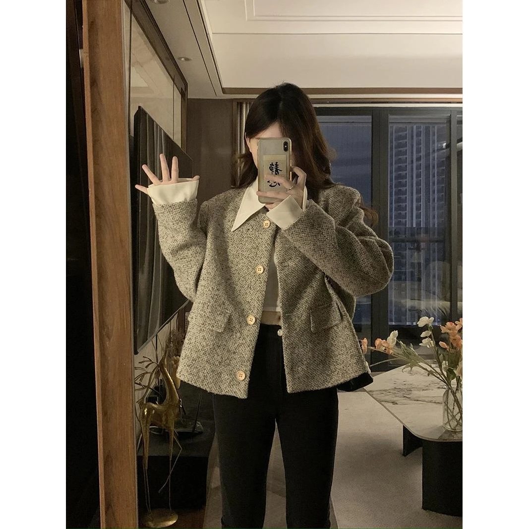 加棉加厚大码小个子假两件宽松休闲名媛小香风外套女