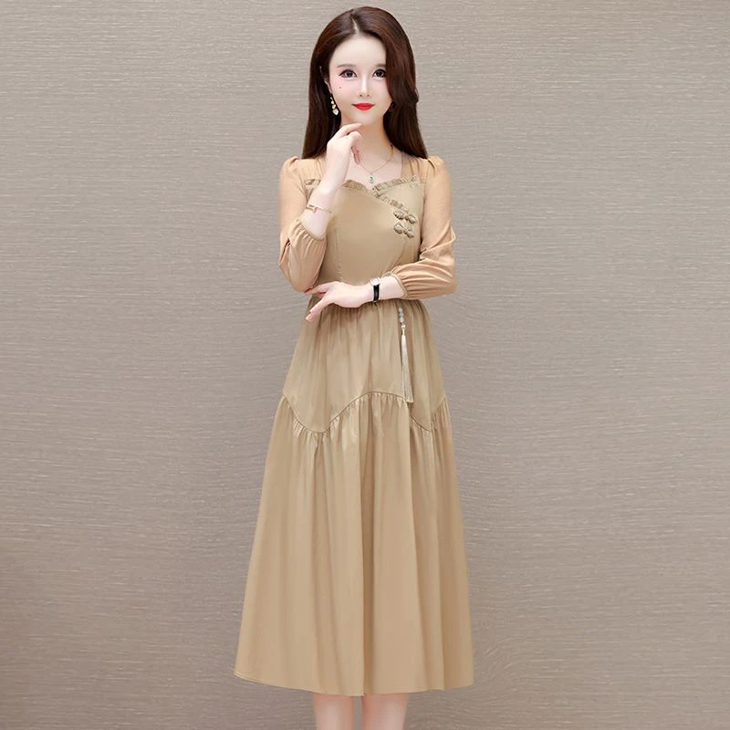 F027 春秋七分袖连衣裙女2024春夏妈妈显瘦时尚新中式国风裙子
