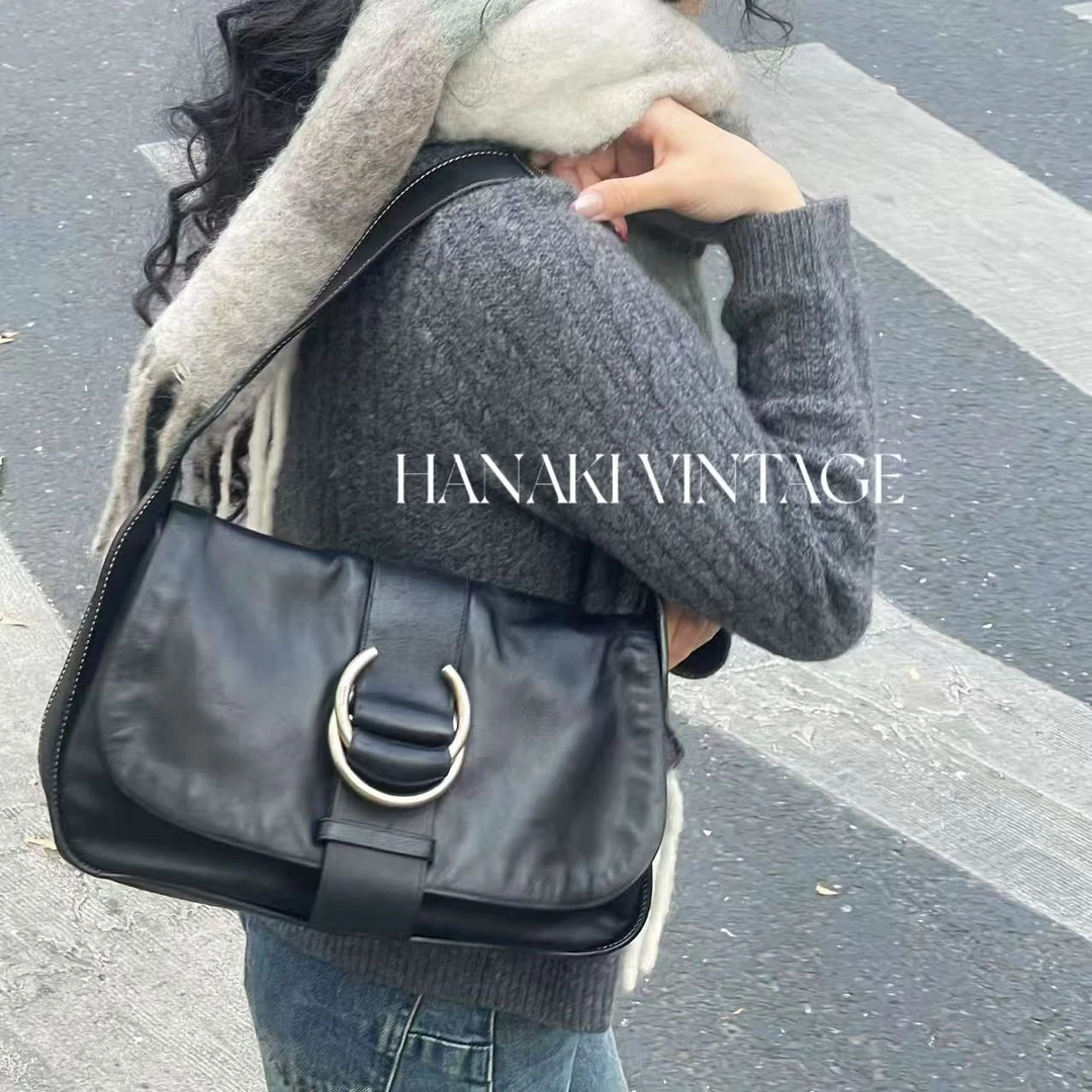 95新 Prada/普拉达 花绮中古/Prada全皮黑银hobo腋下单肩包