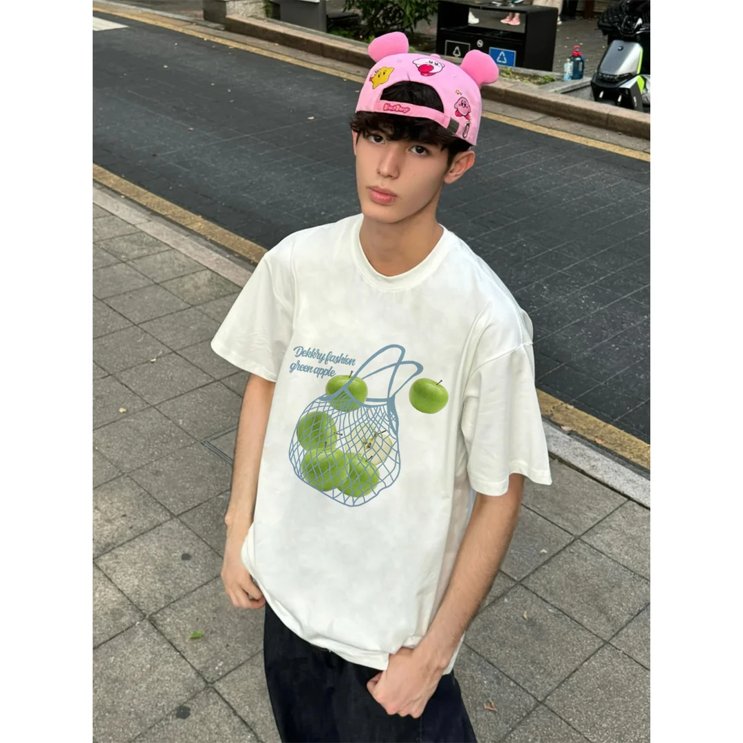100%纯棉美式个性青苹果字母印花短袖T恤男女夏季休闲情侣款上衣