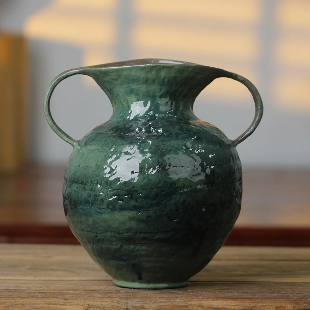 景德镇手工手绘艺术感双耳复古绿花瓶餐桌摆件