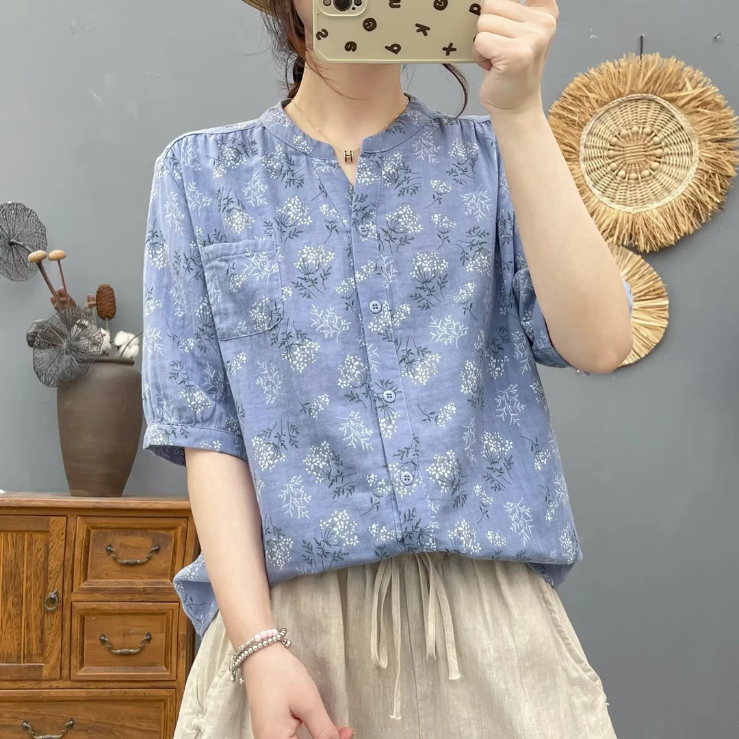 【全额运费补贴】V领蓝色双层短袖夏日清凉时尚女士衬衫纯棉宽松