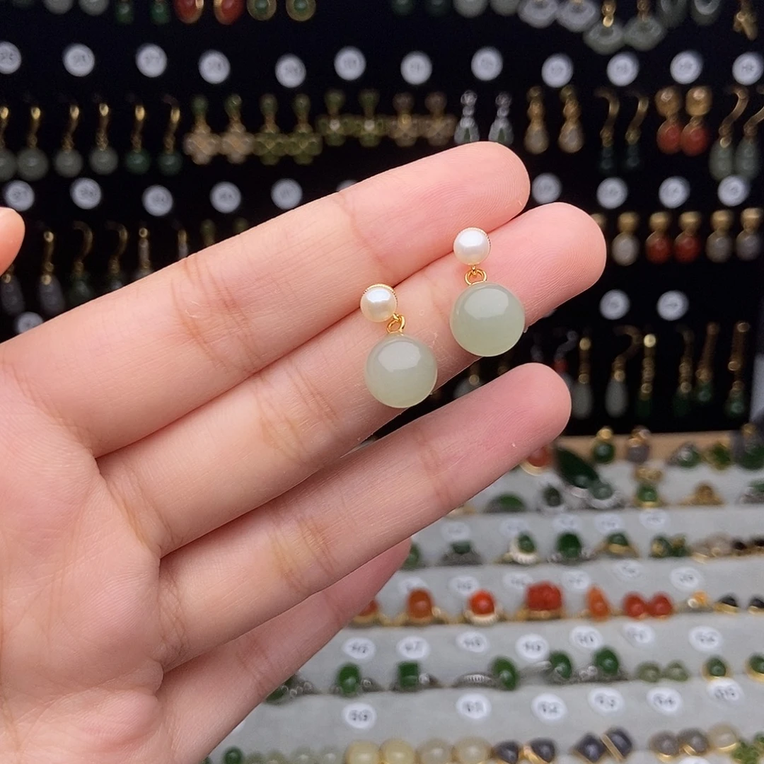 银S925镀金镶嵌和田玉耳饰