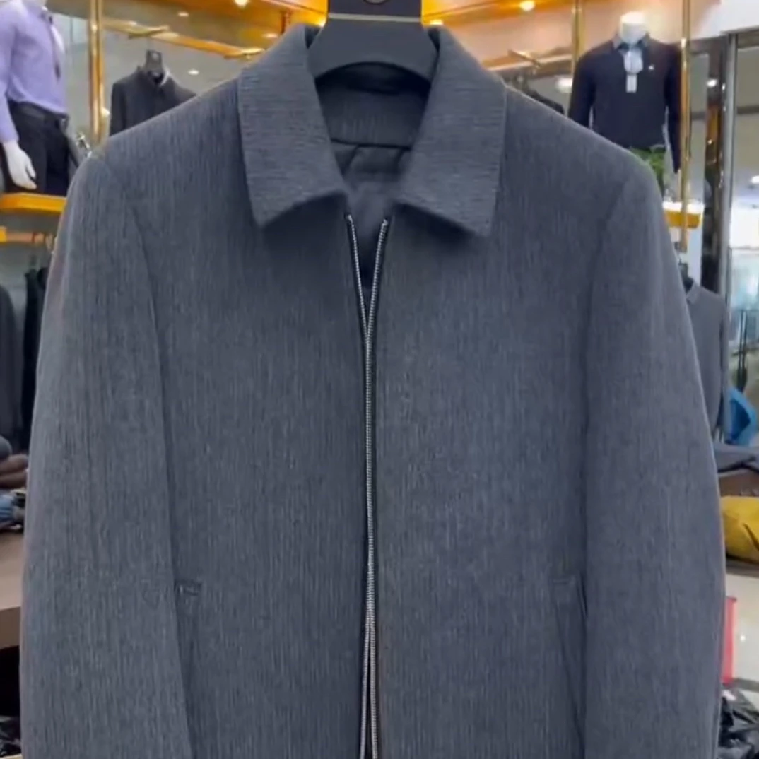 大厂尾货 50%羊毛+可拆卸鹅绒内胆灰色翻领羊毛夹克